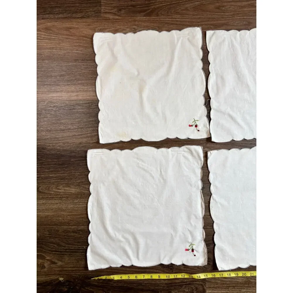 Vintage 5pc Cloth Napkins White Cotton Red Floral Rose Embroidery AS IS 15